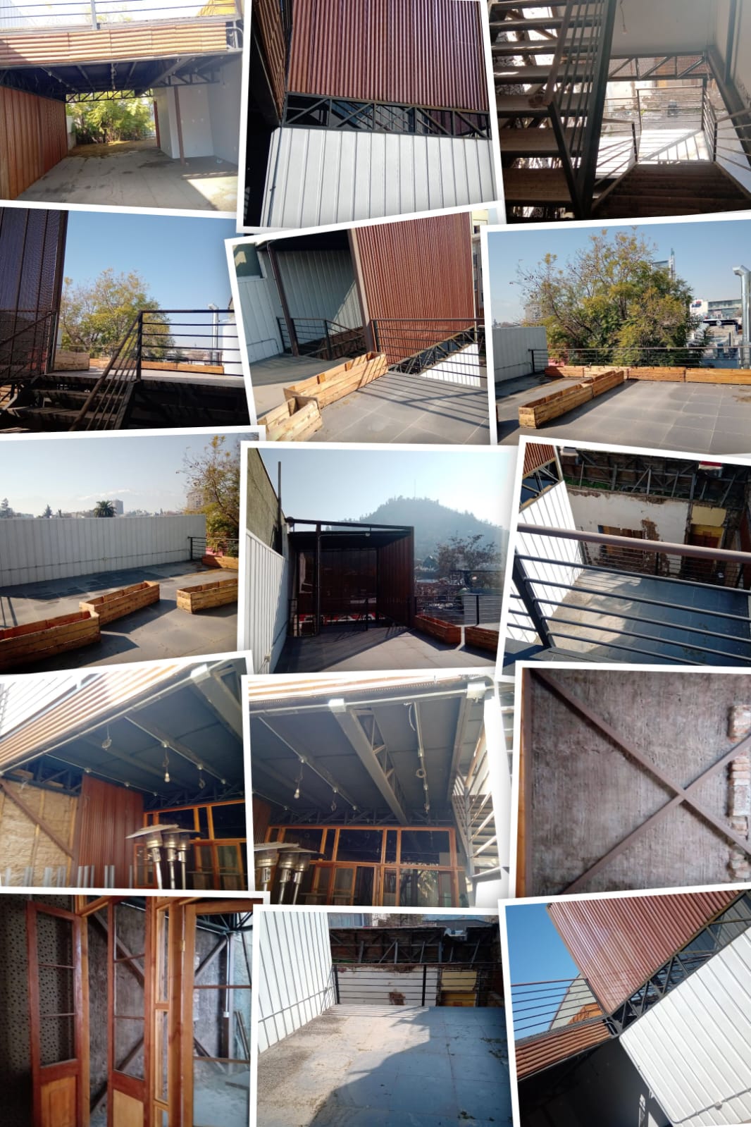 Terraza exterior de local comercial remodelado por CLG, con estructura y cubierta metálica